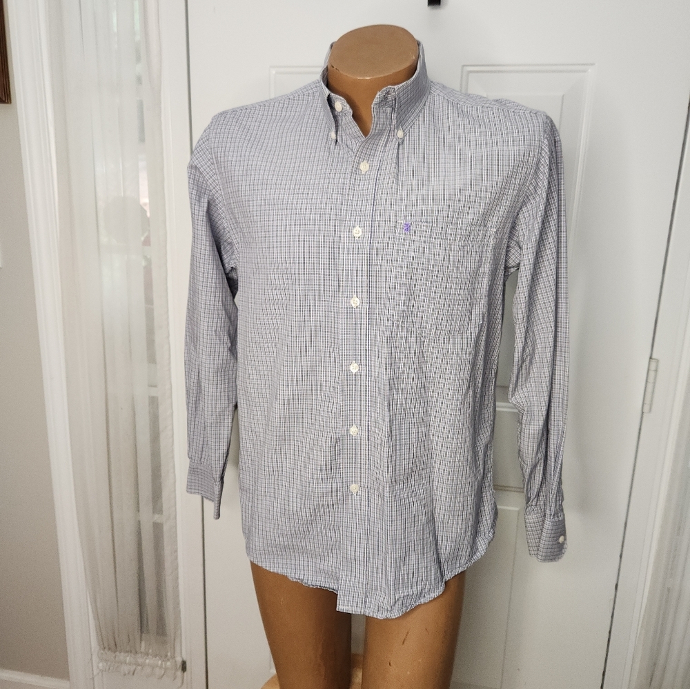 IZOD‎ Men's Long Sleeve Purple Green and White Plaid Shirt  Size Medium